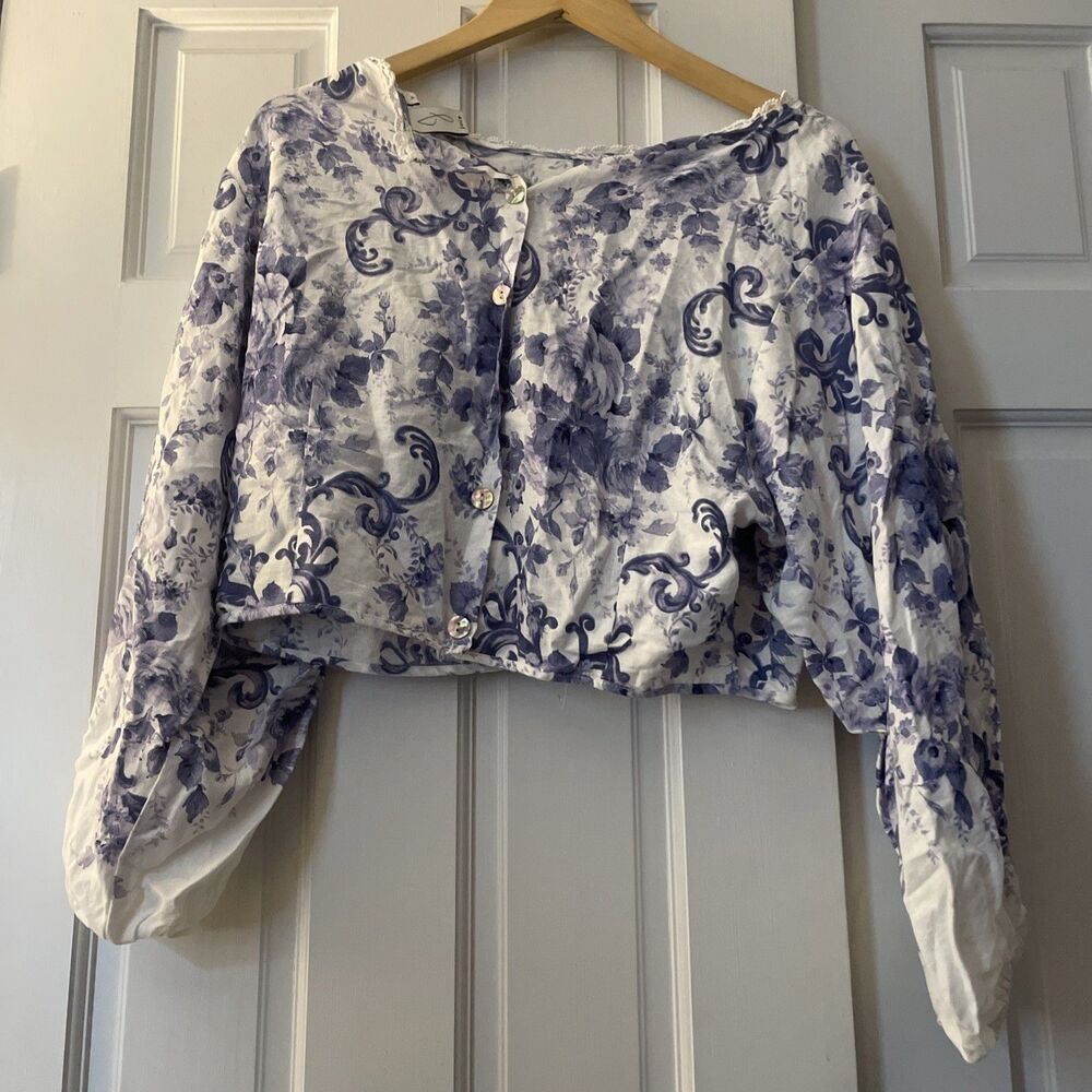 Joie Marru Cropped Boho Toile Blouse Blue & White Puff Sleeve Top (Size S)